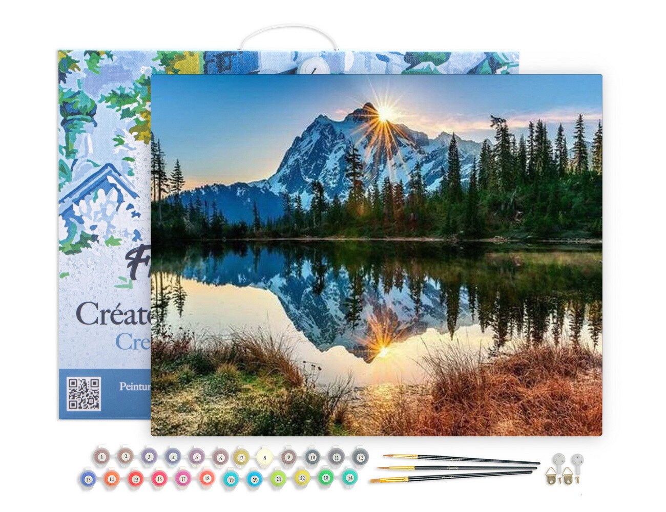 Figured'Art Paint by Numbers for Adults with Frame Lake and Mountain reflection 16"x20" - Craft Art Painting DIY Kit Canvas Already Stretched on a Wooden Frame