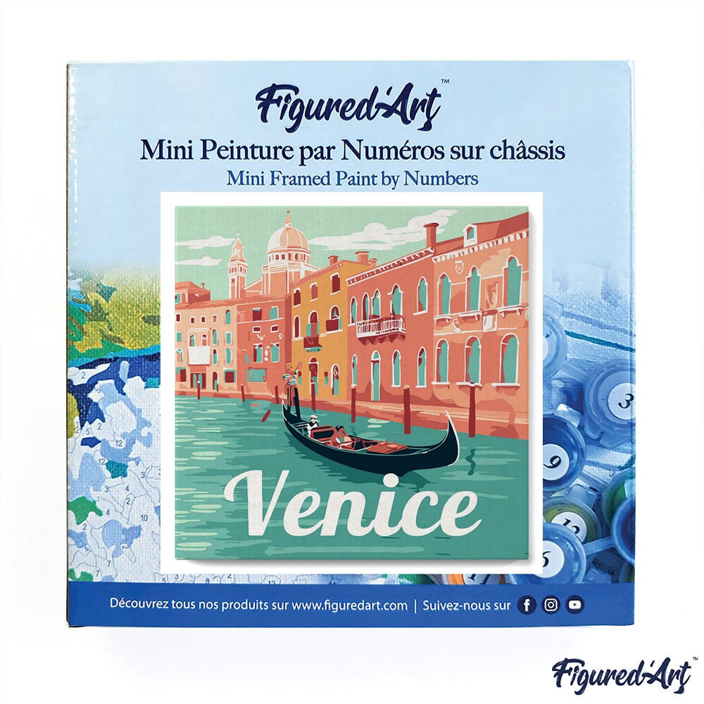 Figured&#x27;Art Mini Paint by Numbers Kit for Adults with Frame Travel Poster Venice Small format 8&#x22;x8&#x22; - Craft Art Painting DIY Canvas Already Stretched on a Wooden Frame