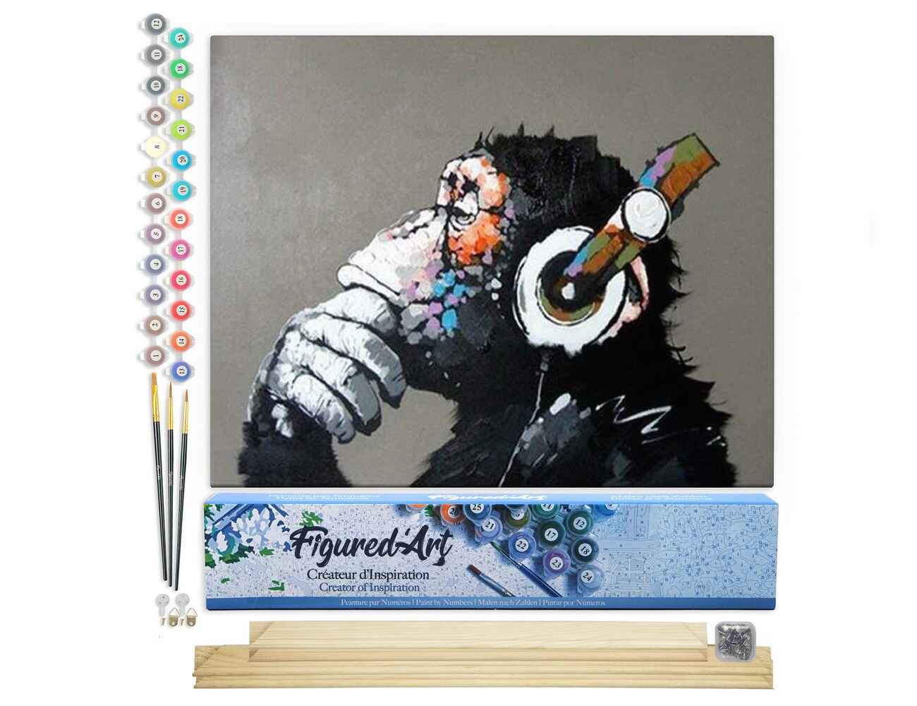 Figured'Art Paint by Numbers for Adults Monkey wearing headphones 16"x20" - Craft Art Painting Rolled Canvas with DIY wooden frame