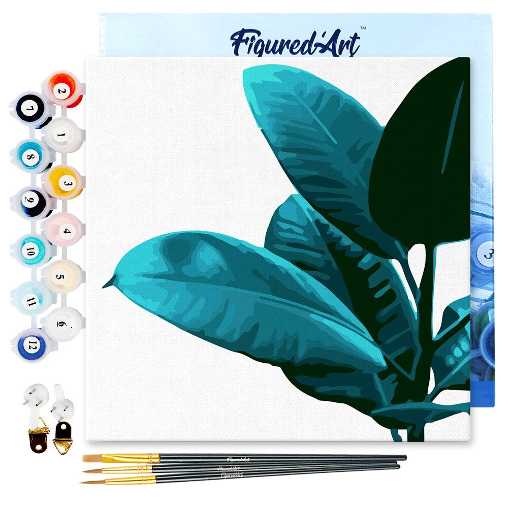Figured&#x27;Art Mini Paint by Numbers Kit for Adults with Frame Rubber Plant Leaves Small format 8&#x22;x8&#x22; - Craft Art Painting DIY Canvas Already Stretched on a Wooden Frame