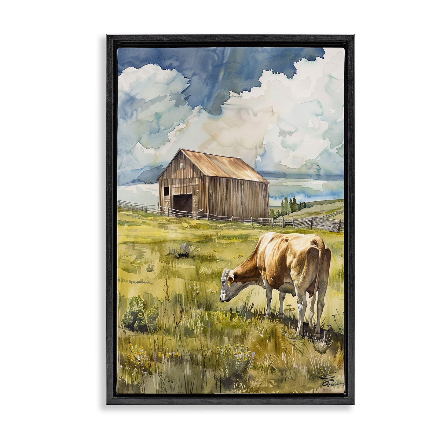 Stupell Industries Cow in Vast Field Floater Framed Canvas Wall Art Design by Franklyn Gregory