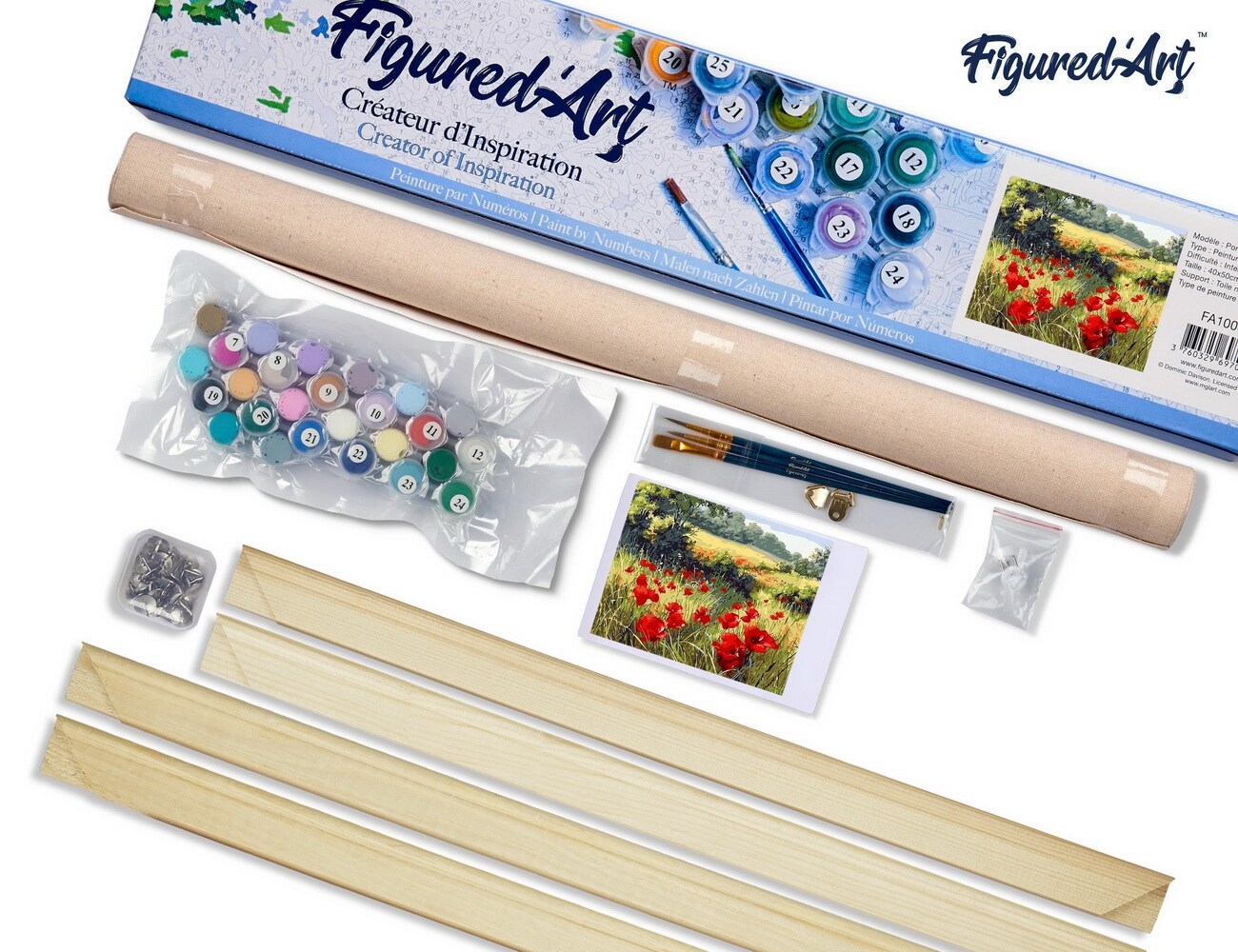 Figured&#x27;Art Paint by Numbers Kit for Adults Field of Poppies in the countryside 16&#x22;x20&#x22; - Craft Art Painting Rolled Canvas with DIY wooden frame