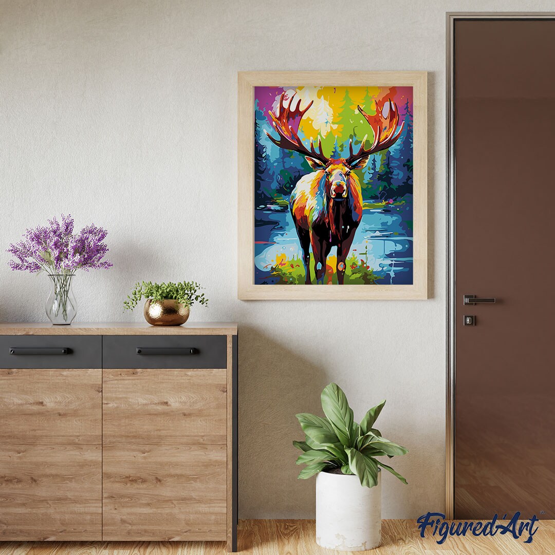 Figured'Art Paint by Numbers for Adults Colorful Abstract Moose 16"x20" - Craft Art Painting DIY Kit Rolled Canvas Without Frame