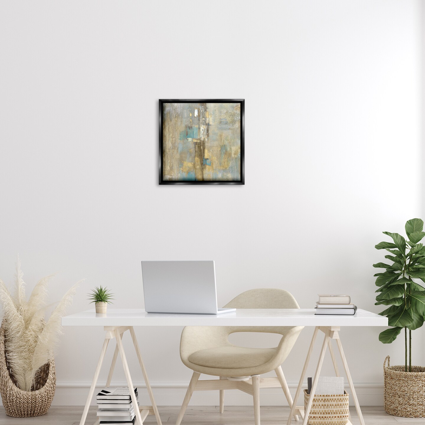 Stupell Industries Gold Abstract with Blue Floater Framed Canvas Wall Art Design by Justin Turner