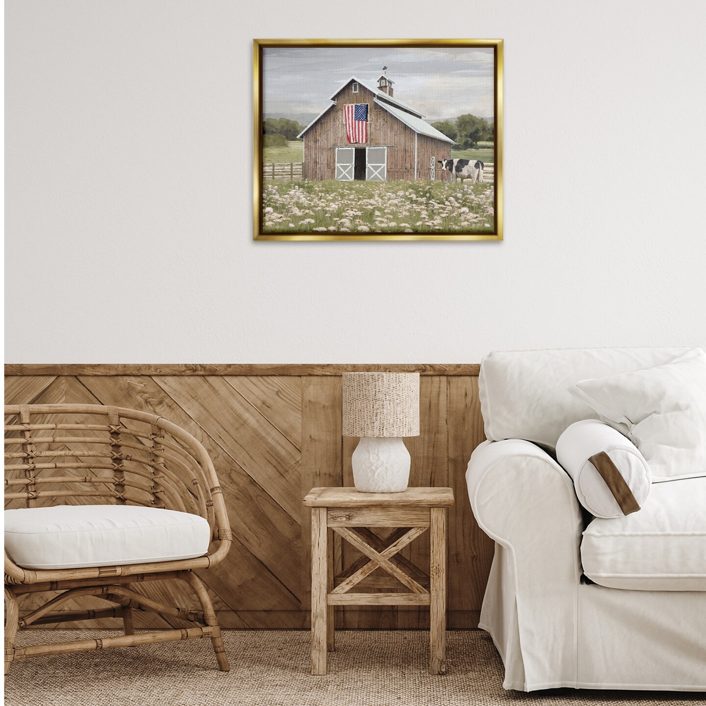Stupell Industries Patriotic Barn & Cow Floater Framed Canvas Wall Art Design by Amber Sterling