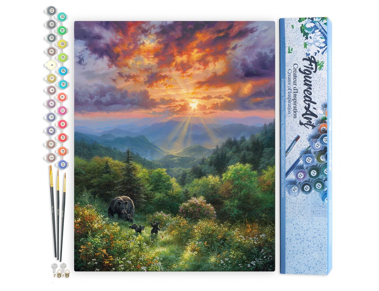 Figured'Art Paint by Numbers for Adults Bear and Sunset 16"x20" - Craft Art Painting DIY Kit Rolled Canvas without frame