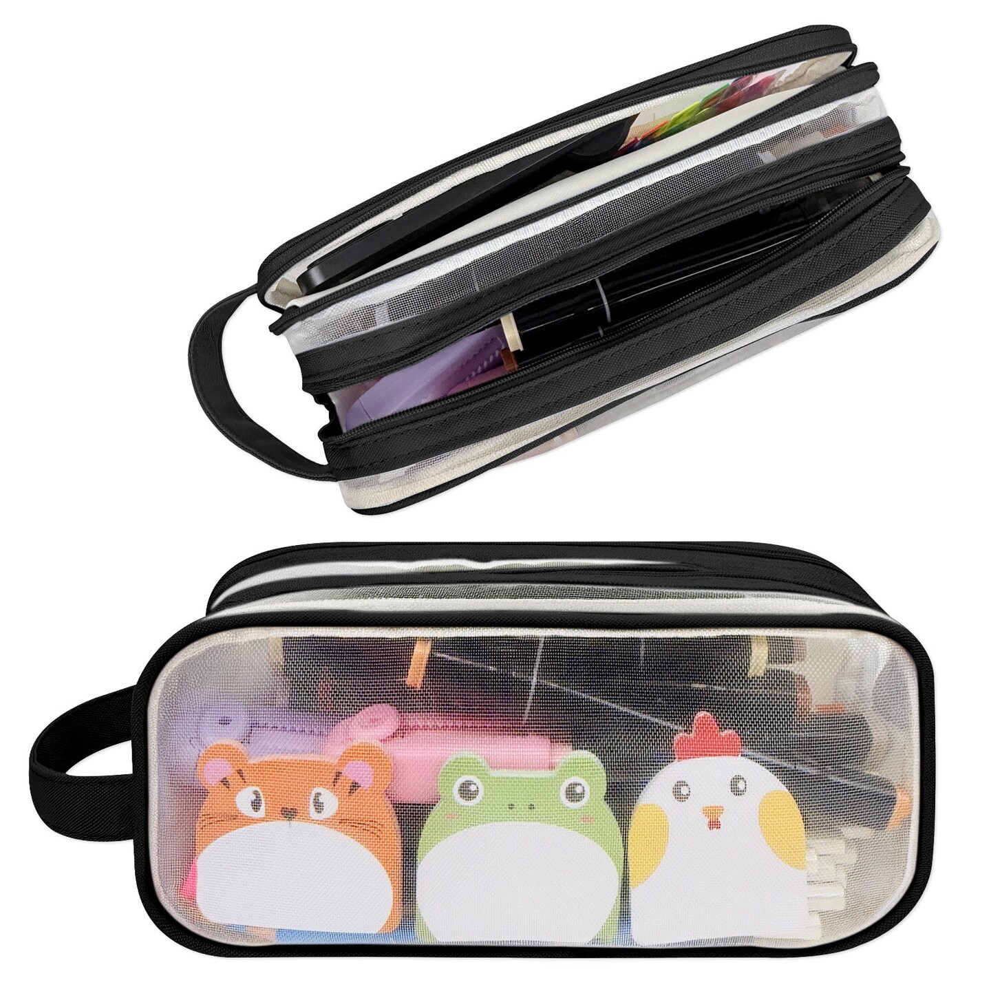 Wrapables 2 Compartment Large Grid Transparent Mesh Pencil Case, Pencil Pouch for Stationery Tools, Makeup, and Travel, Black