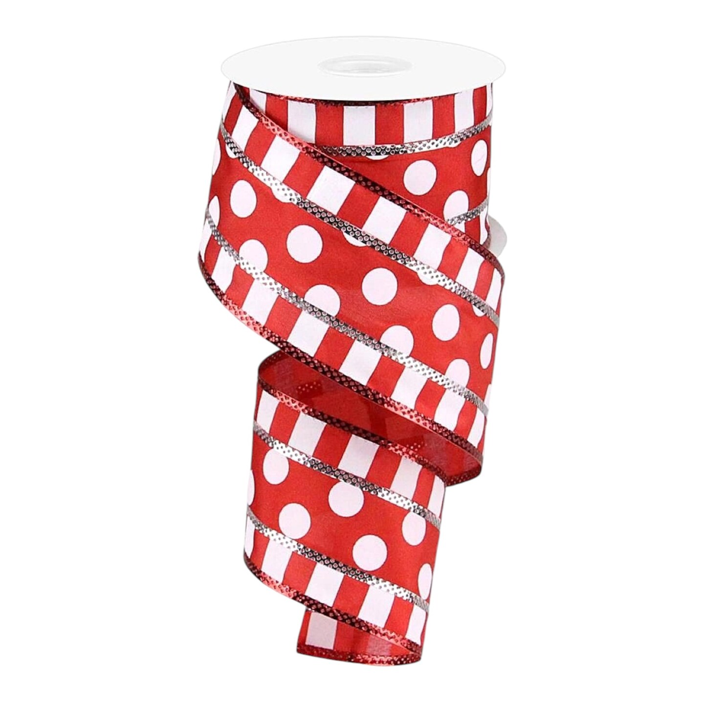 RG Ribbon: 2.5" Polka Dots with Stripes Wired Ribbon, 10 Yards - Red, White, Silver - for Bows, Wreaths, Crafts, and Christmas Decorations