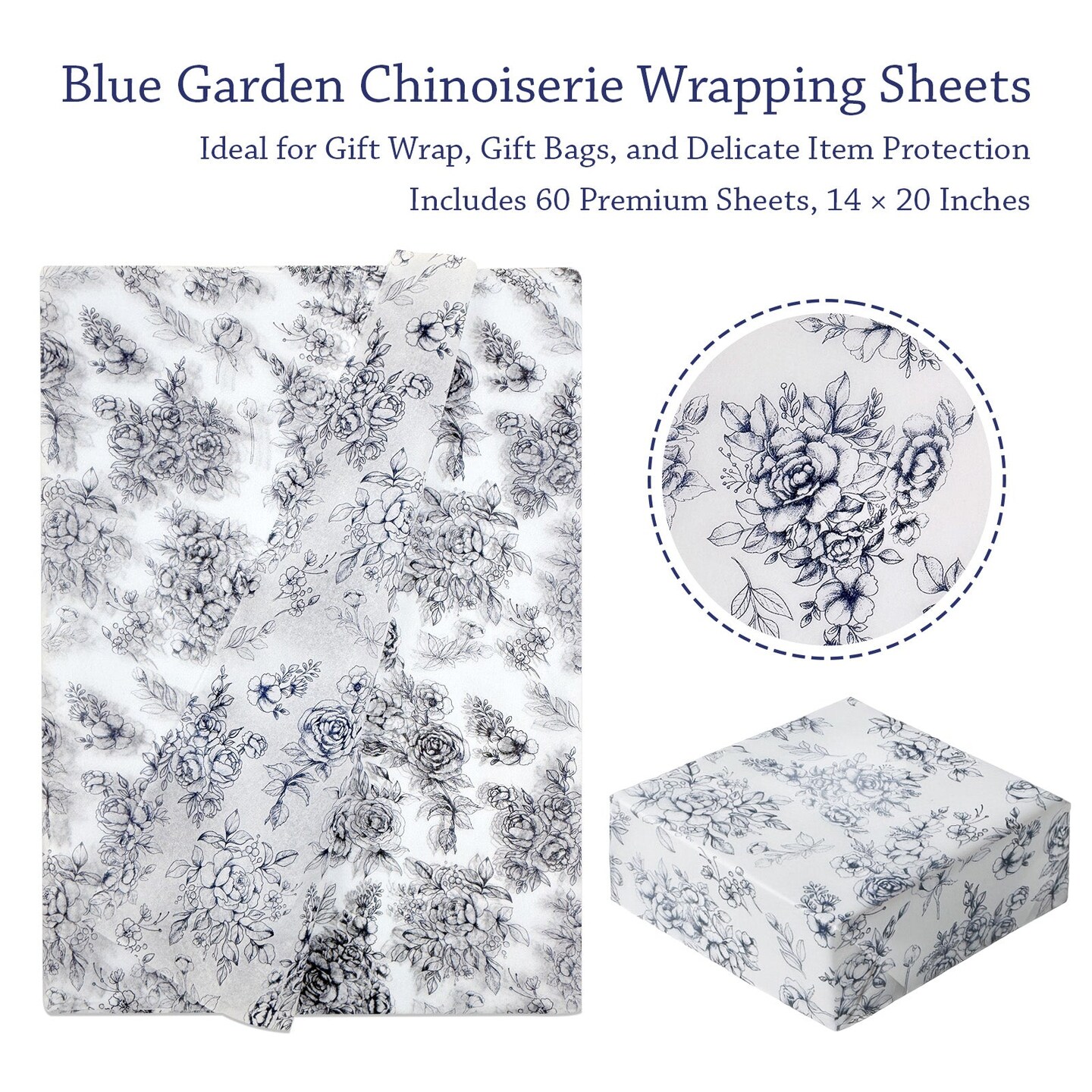 Wrapables Vintage Blue Floral Chinoiserie Tissue Paper 14 x 20 Inch for Gift Wrapping, Weddings, Baby Showers, Birthdays, Party Decor (60 Sheets)