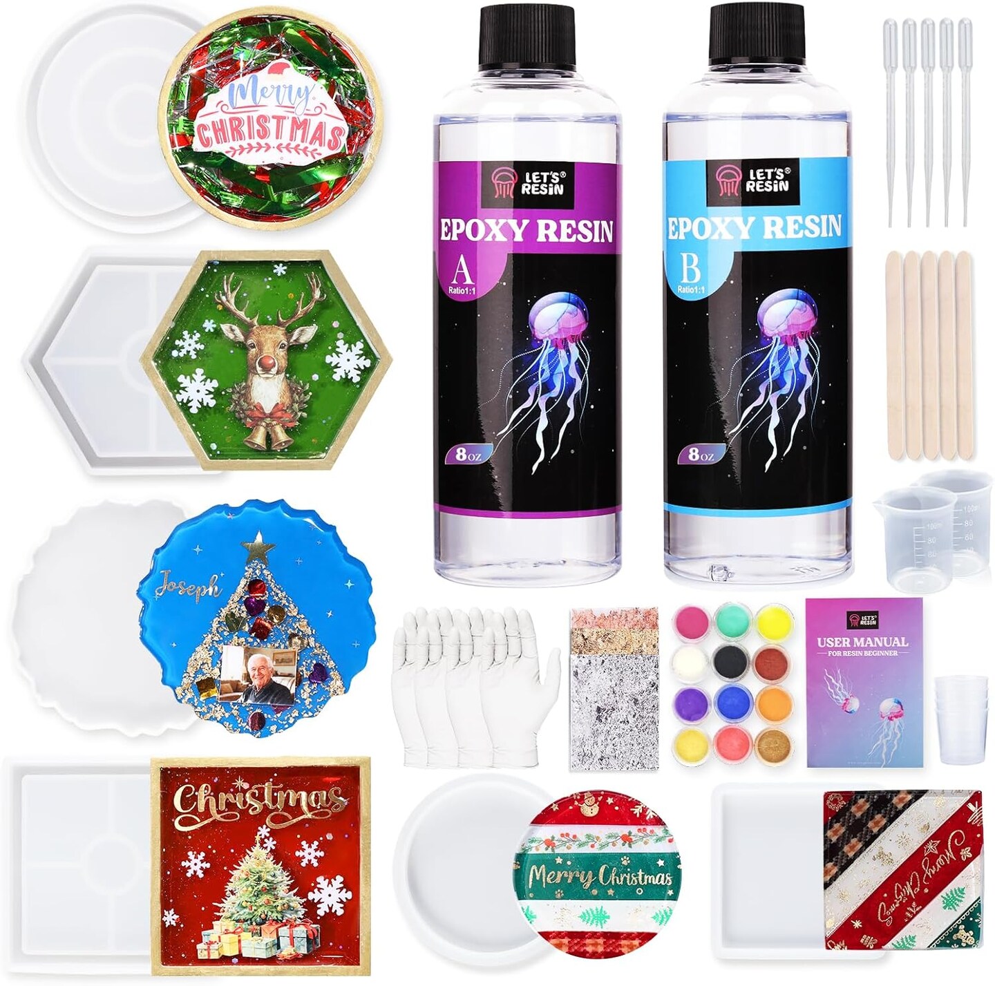 LET'S RESIN Epoxy Resin,Resin Coaster Molds Kit,16oz Resin Starter Kit for Beginners,Include Epoxy Resin,Coaster Molds, and Mica Powder for Resin Casting, Ideal Christmas Gift Set