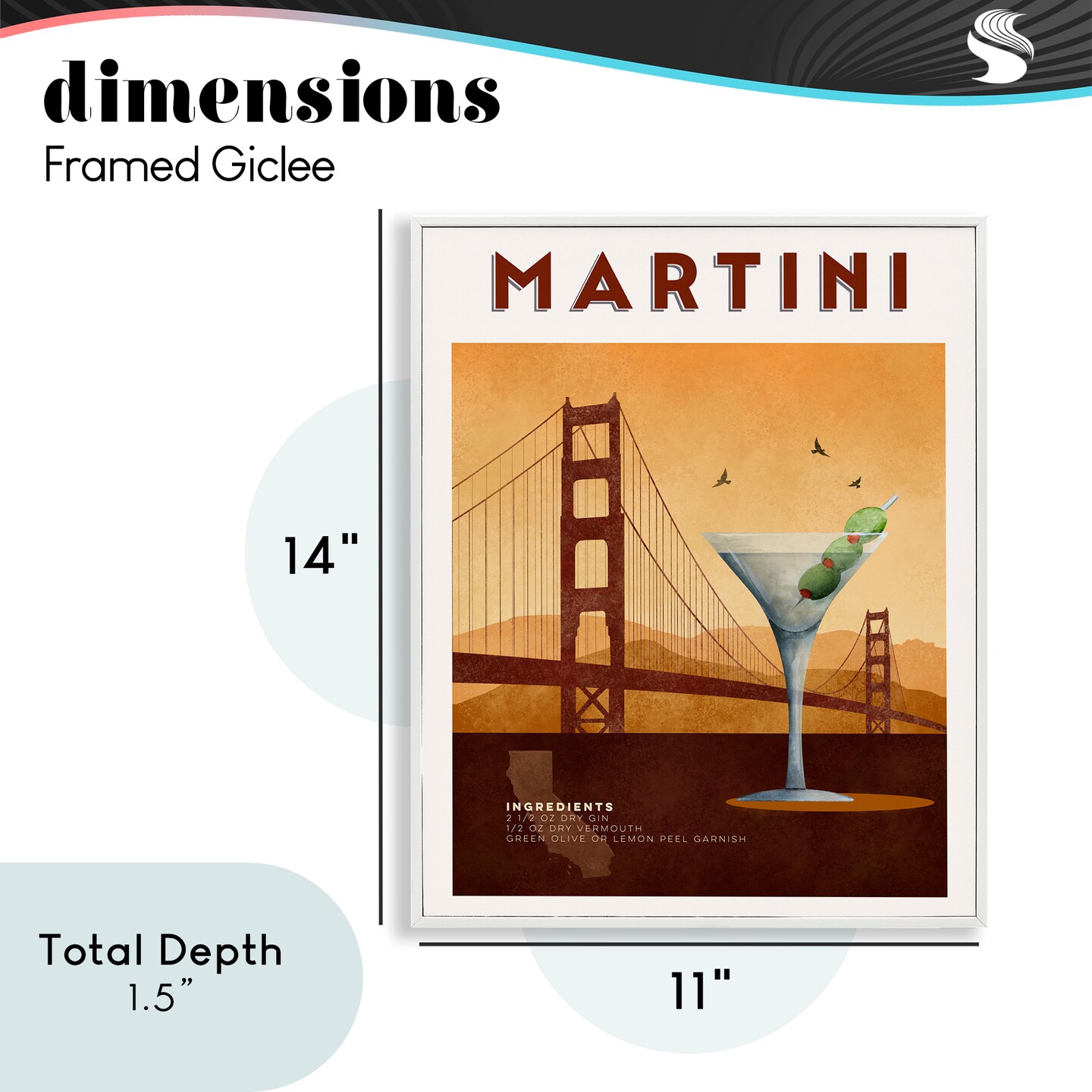 Stupell Industries Retro Martini & Bridge View Framed Giclee, design by Brett Blumenthal