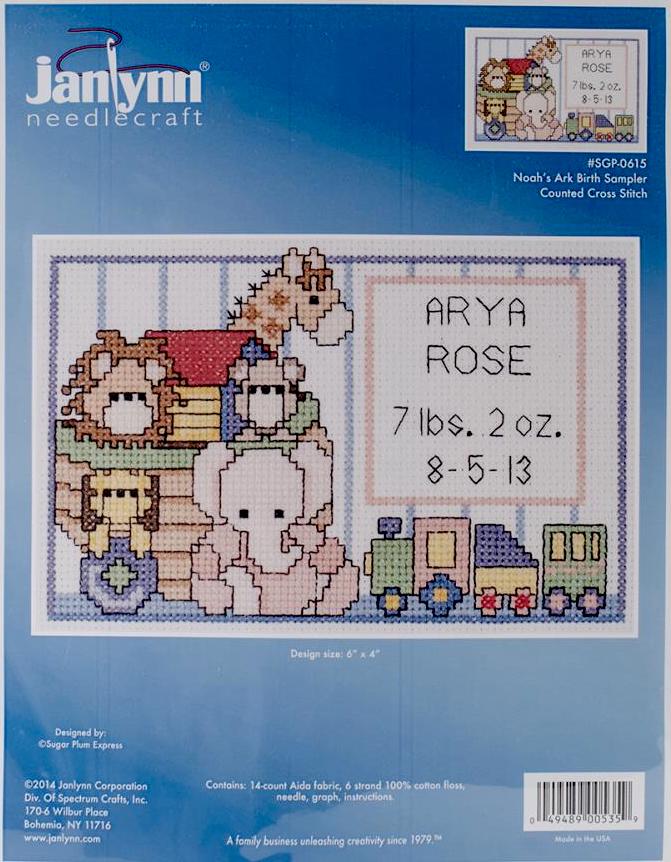 DIY Janlynn Noah's Ark Birth Sampler Baby Record Counted Cross Stitch Kit 6x4