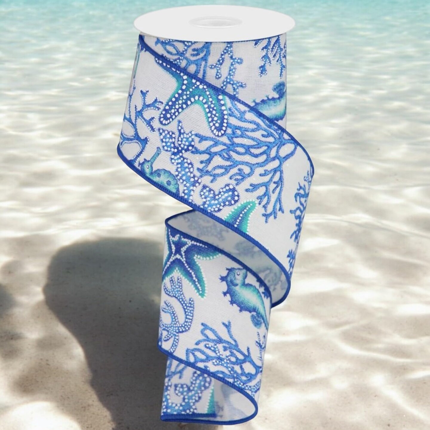 RG Ribbon: 2.5" Ocean Themed Wired Ribbon with Seahorses and Starfish, 10 Yards For Bows, Wreaths, Crafts and Decorations - Summer, Nautical