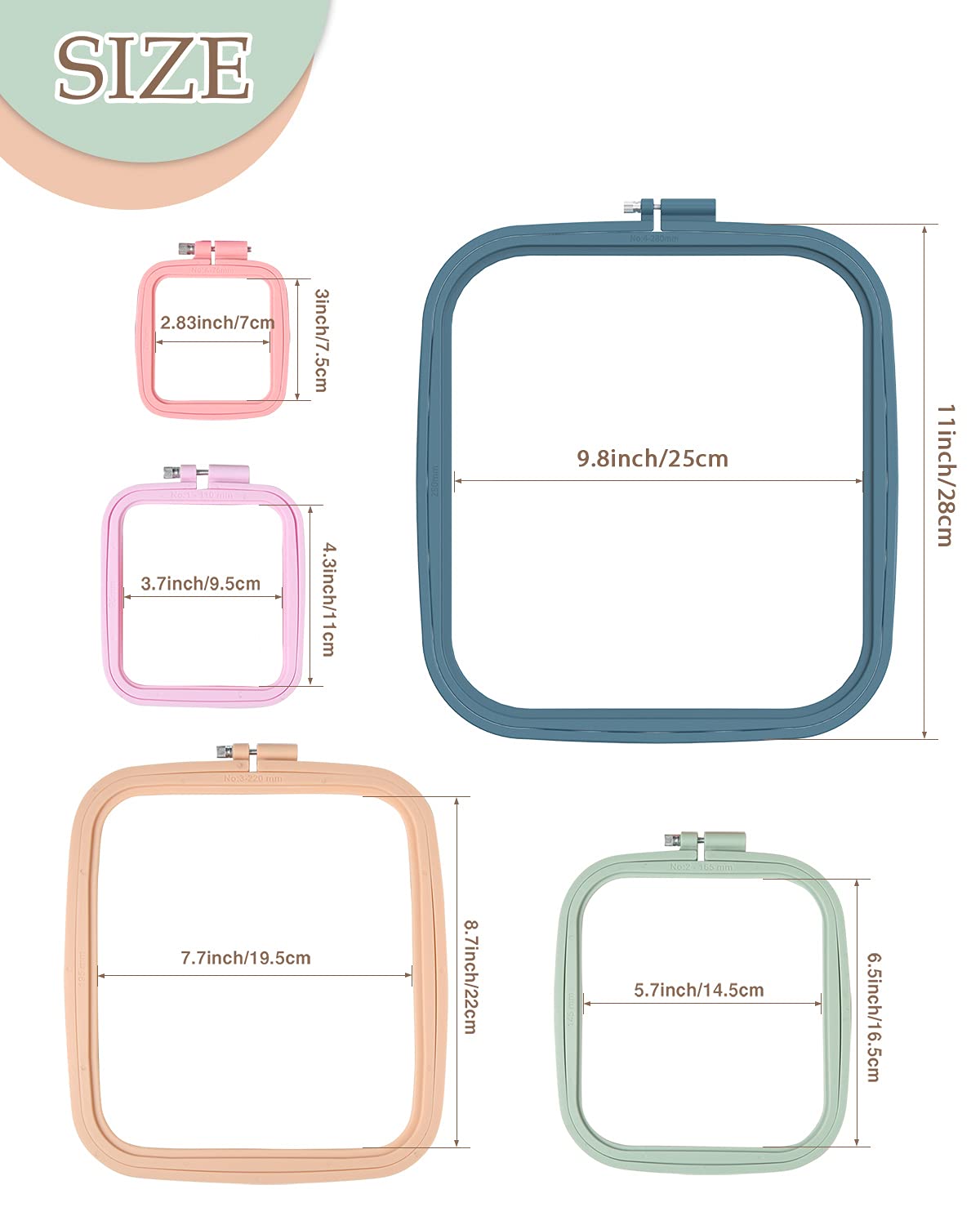 5 Pieces 5 Sizes Square Embroidery Hoops, ABS Plastic Embroidery Hoops for DIY Embroidery Craft