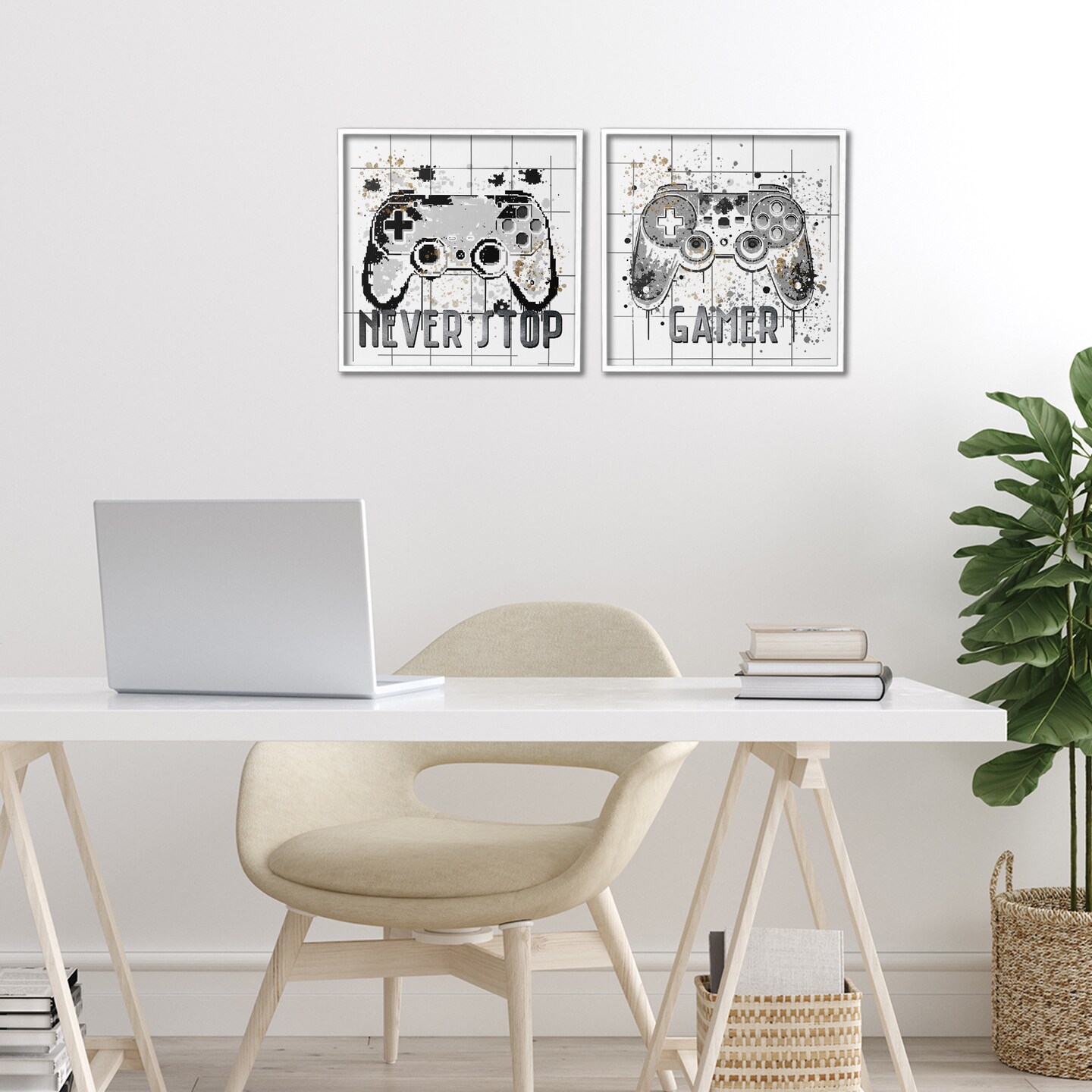 Stupell Industries Gamer Words with Modern Pixels 2pc Framed Giclee Set, design by Kim Allen