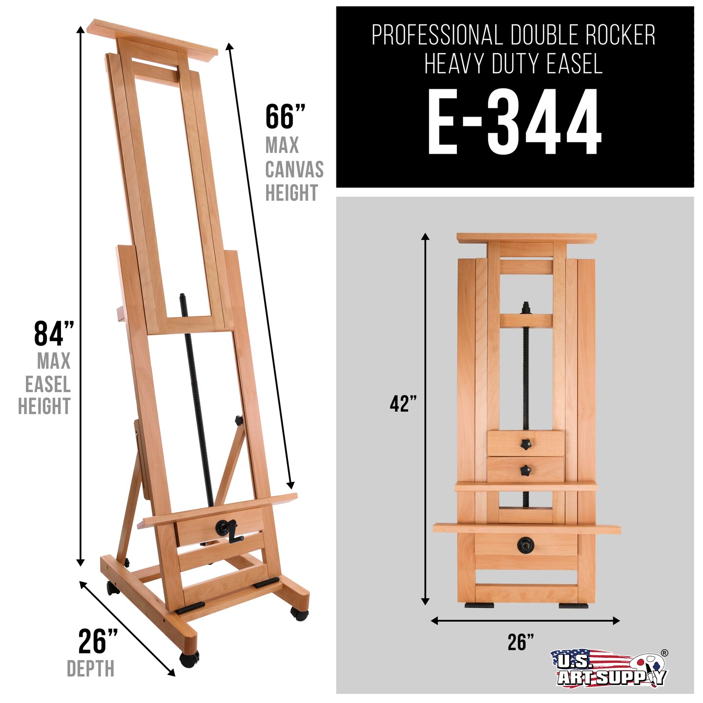 Double Rocker Crank Heavy Duty Extra Large Wooden Studio Floor Standing Easel - Double Mast Adjustable H-Frame Art Easel for Painting, Canvas Holder, Display Stand with Locking Wheels