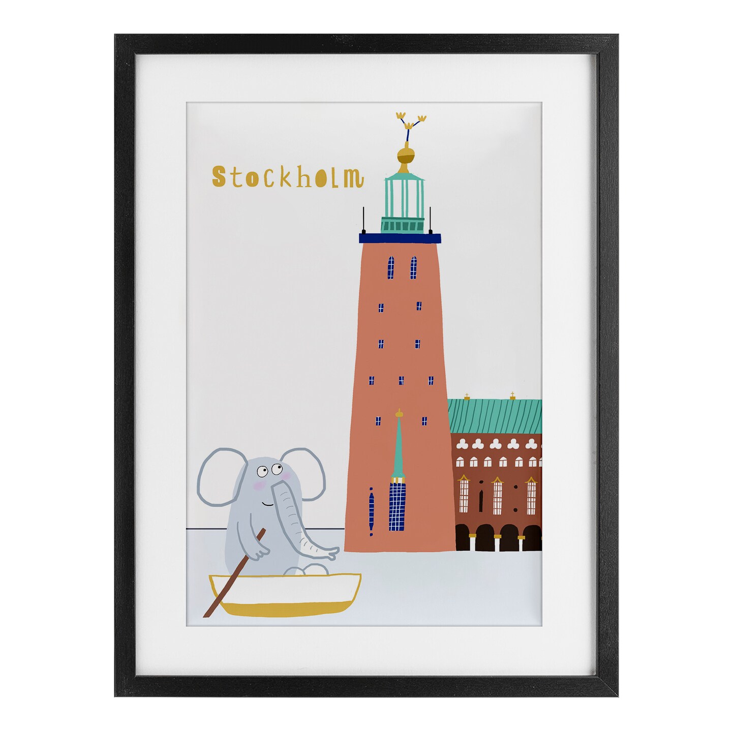 Stupell Industries Elephant in Stockholm Boat Framed Print Under Glass, design by Carla Daly