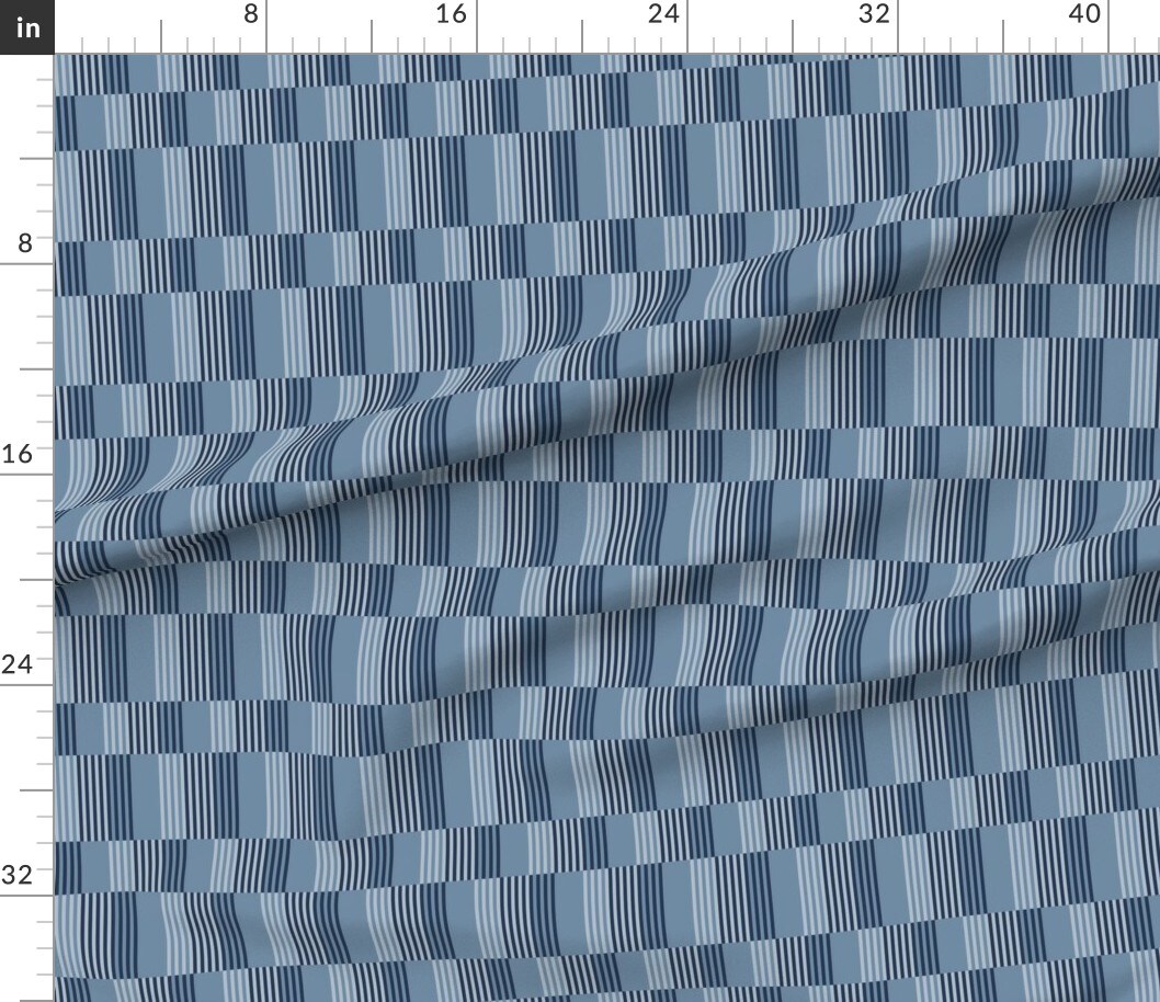 Blue Stripe Checkered Blocks Retro Geometric Monochromatic Lines Custom Printed Fabric by Spoonflower Various Fabrics by the Yard or Fat Quarter