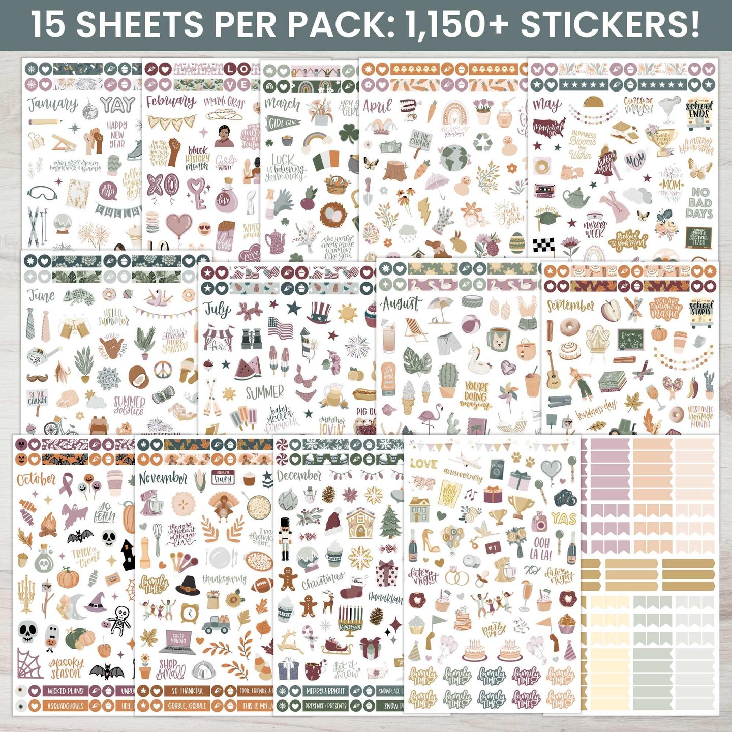 bloom daily planners Planner Sticker Value Pack, Monthly Celebrations, Cool Tones