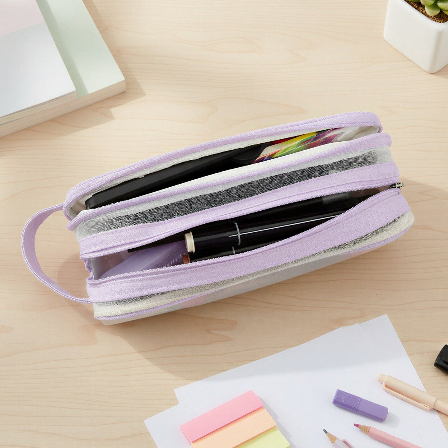 Wrapables 2 Compartment Large Grid Transparent Mesh Pencil Case, Pencil Pouch for Stationery Tools, Makeup, and Travel, Purple