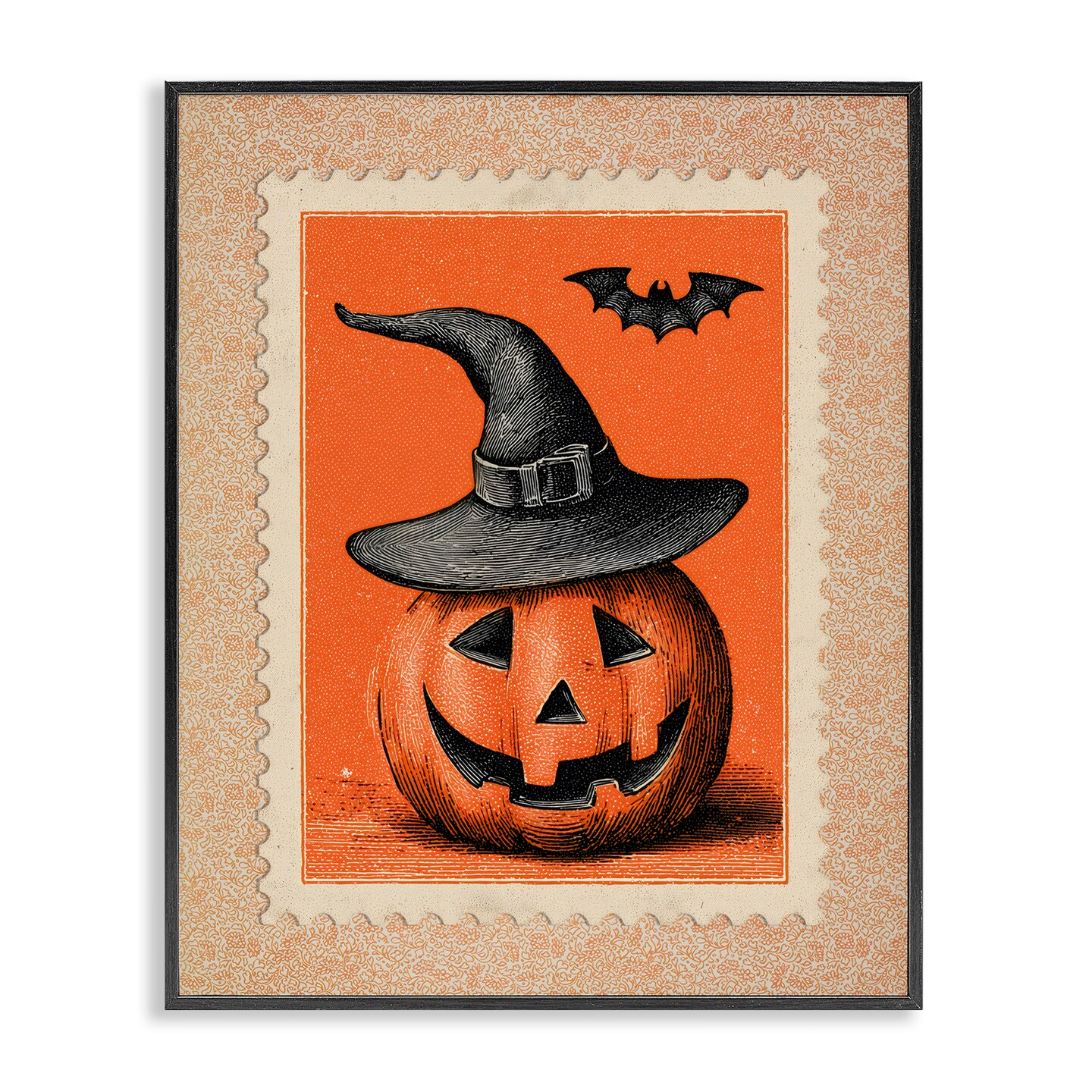 Stupell Industries Vintage Jack-o-Lantern Stamp Framed Giclee, design by Arlington Prints