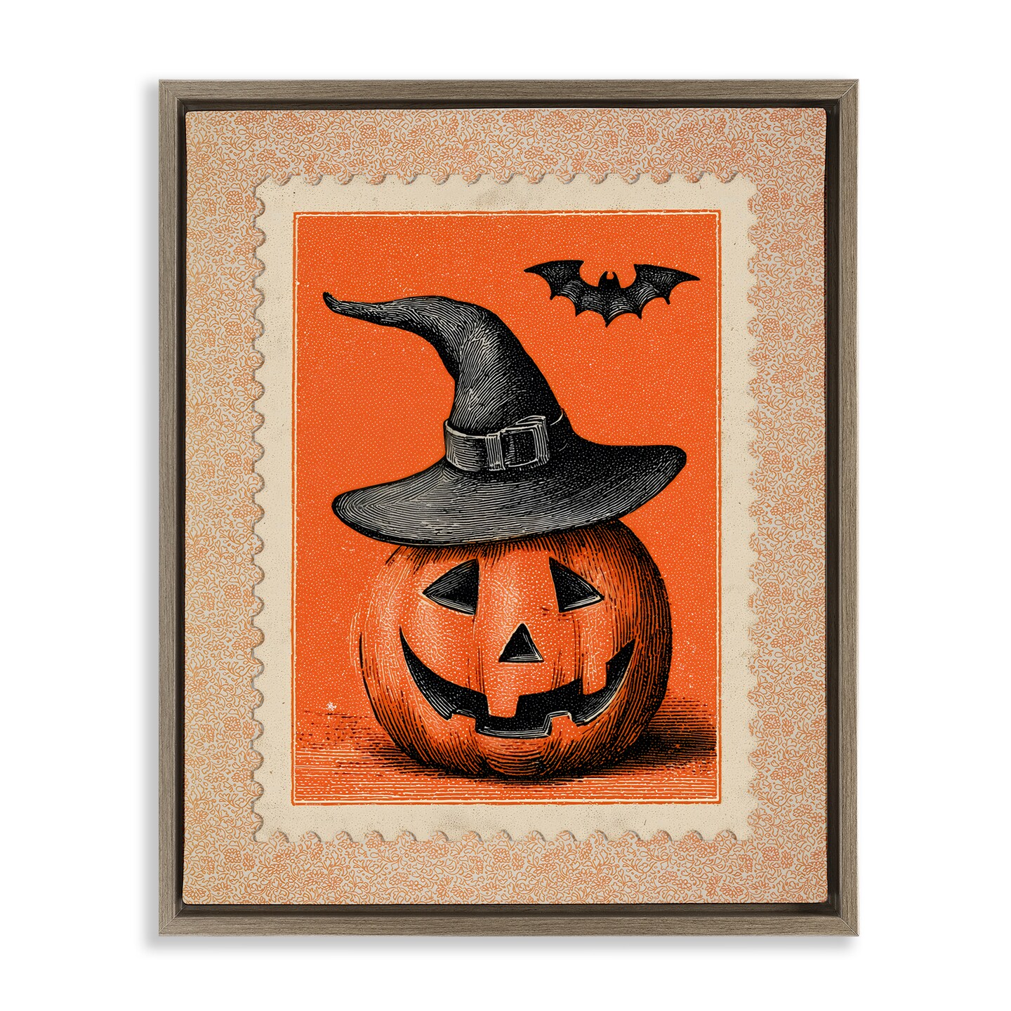 Stupell Industries Vintage Jack-o-Lantern Stamp Floating Frame, design by Arlington Prints