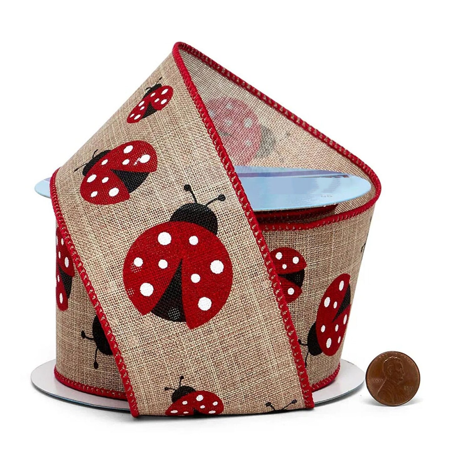 Charming Ladybugs on Natural Wired Ribbon 2.5&#x22; x 10 yd