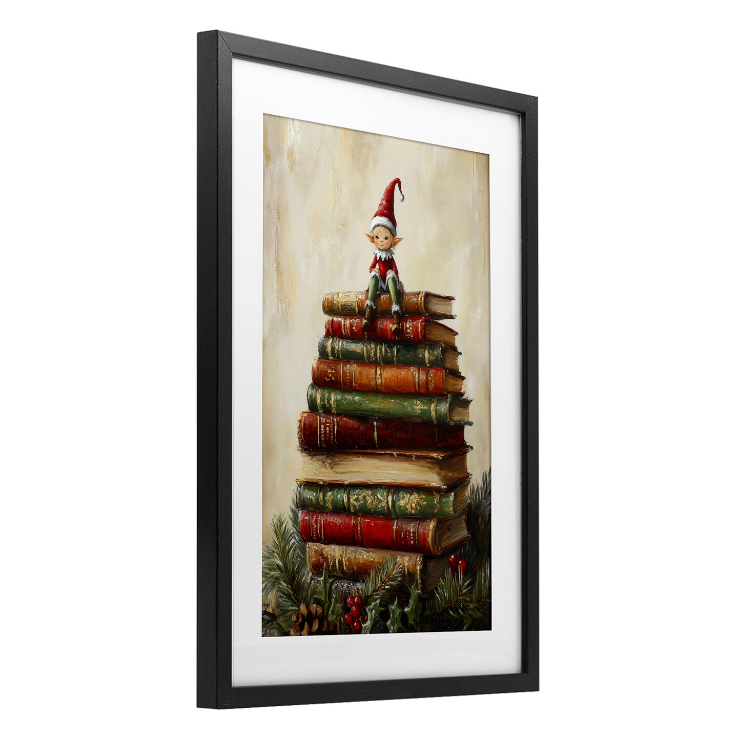 Stupell Industries Christmas Elf Bookstack Framed Print Under Glass, design by Petal Prints Design