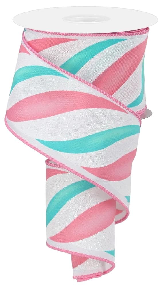 RG Ribbon: 100' FT Peppermint Candy Swirls 2.5" Wired Ribbon - White, Light Pink, Blue - For Christmas Bows, Wreaths, Crafts, and Decorations