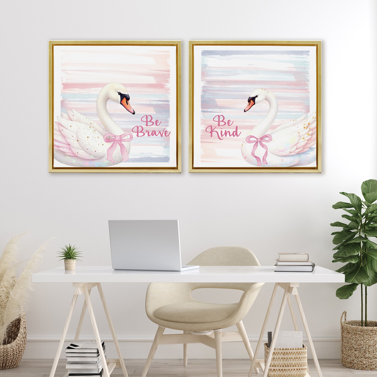 Stupell Industries Be Brave & Kind Pastel Swan 2pc Floating Frame Set, design by Kim Allen