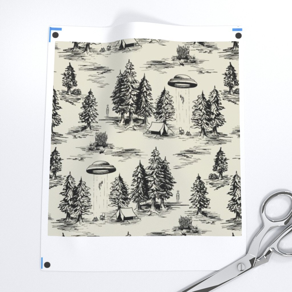 Alien Toile Ufo Beige Black Small Scale Hidden Traditional Style Flying Saucers Custom Printed Fabric by Spoonflower Various Fabrics by the Yard or Fat Quarter