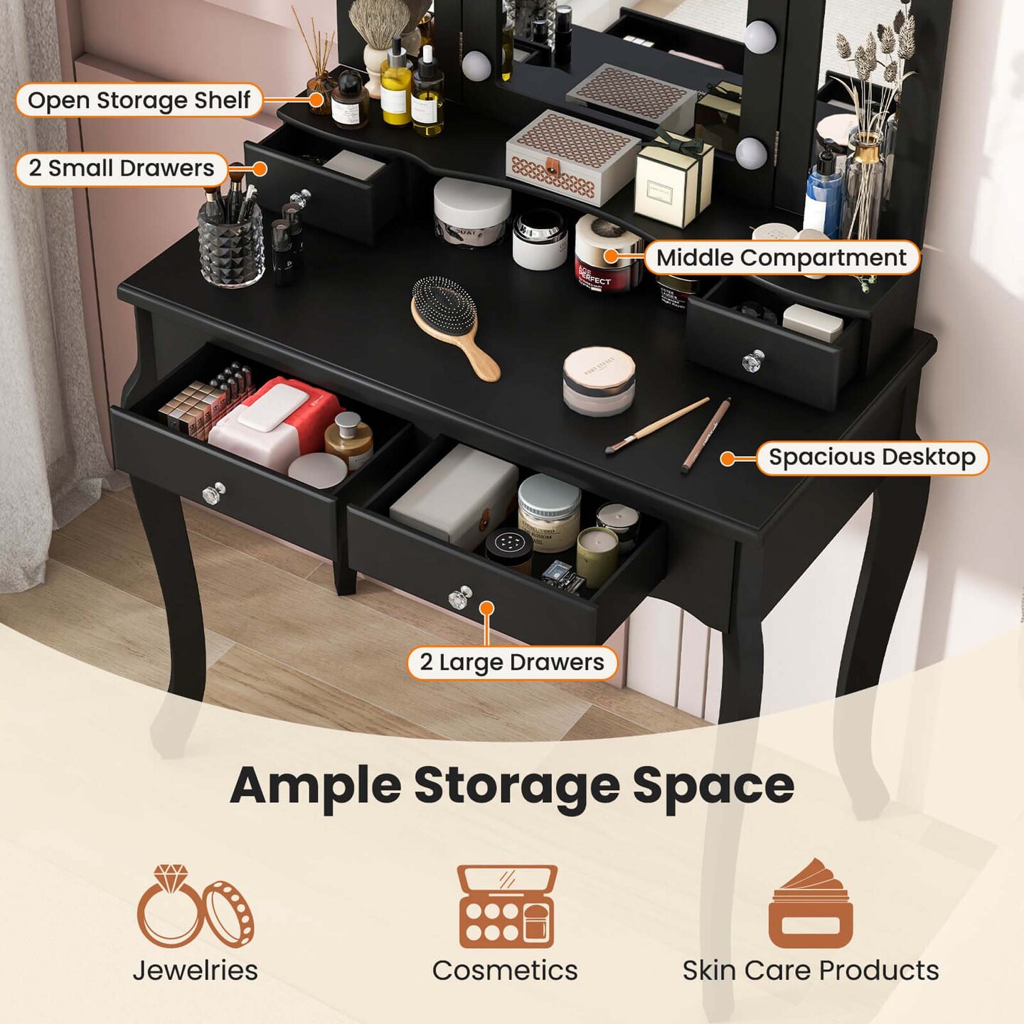 Costway Makeup Vanity Set with Tri-Fold Mirror & LED Lights 4 Drawers Open Shelf White/Black