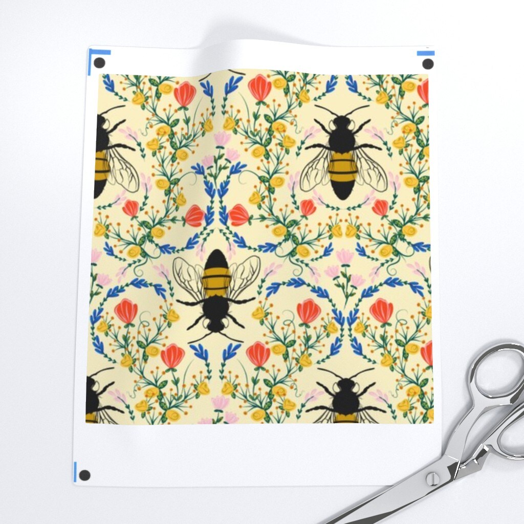 Bee Garden Cream Insect Floral Flowers Print Black Red Custom Printed Fabric by Spoonflower Various Fabrics by the Yard or Fat Quarter