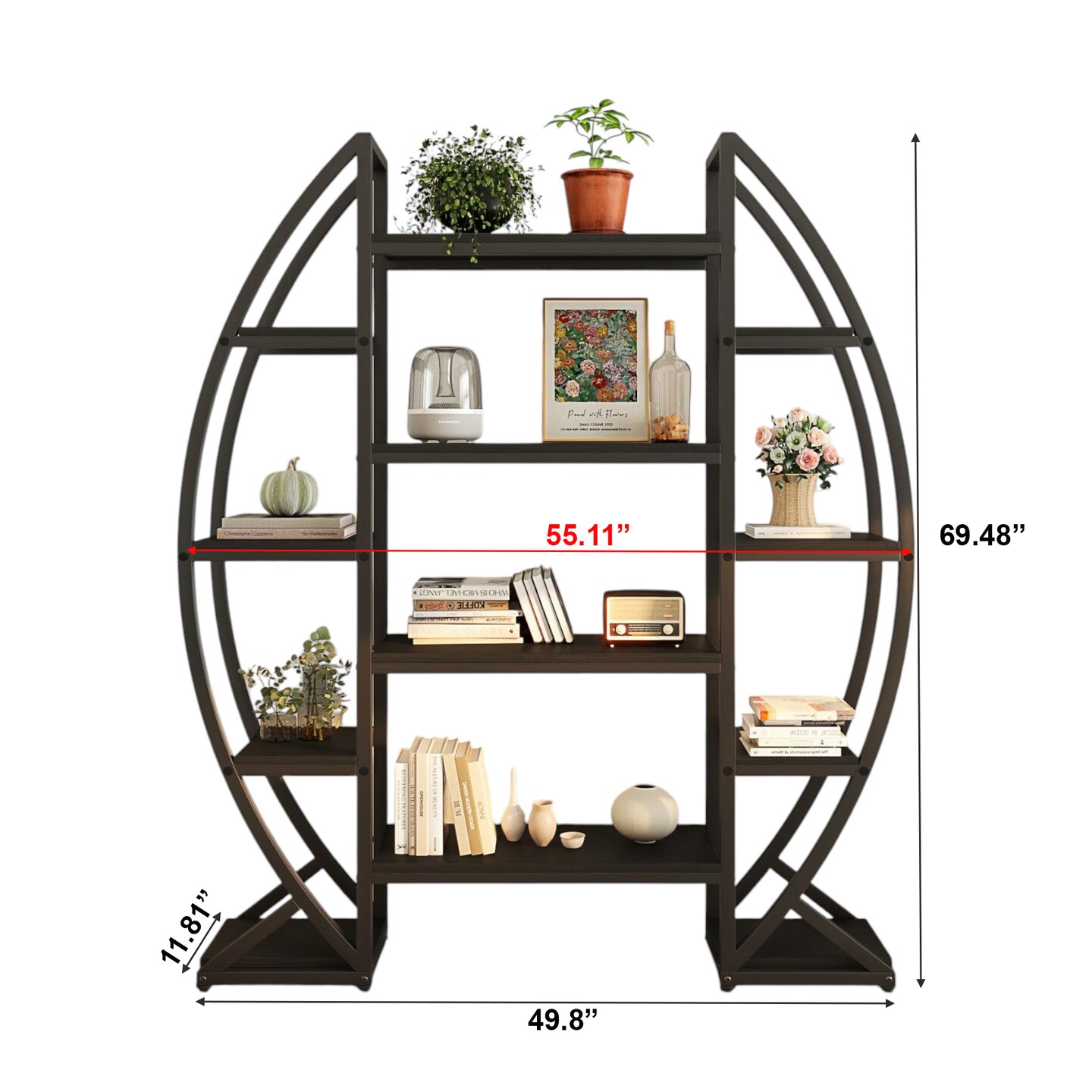 Modern 12-Tier Oval Bookcase, Heavy Duty Freestanding Shelf for Living Room, Bedroom, Home Office