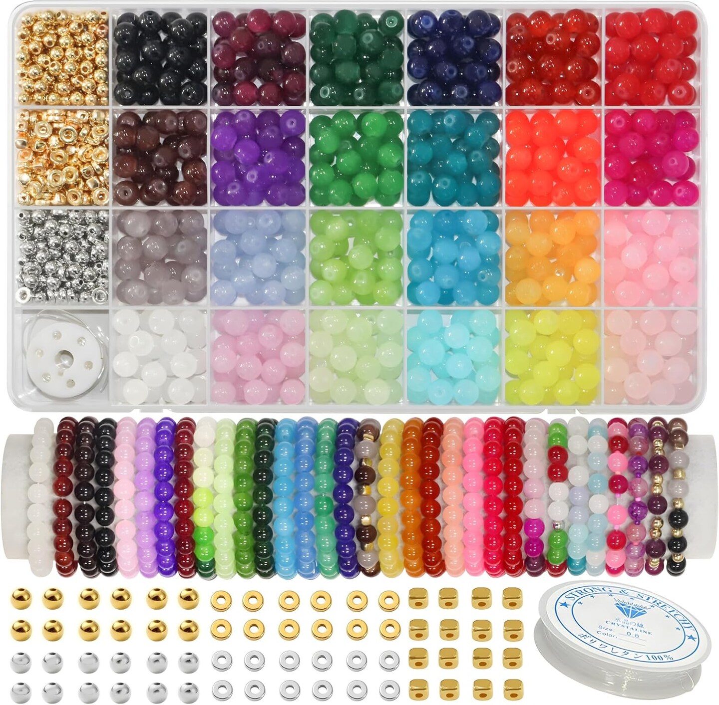 1000+ Pcs 8mm Glass Beads Kit – 24 Colors Crystal Round Beads Set with Spacer Charms & Elastic String for DIY Bracelet & Jewelry Making