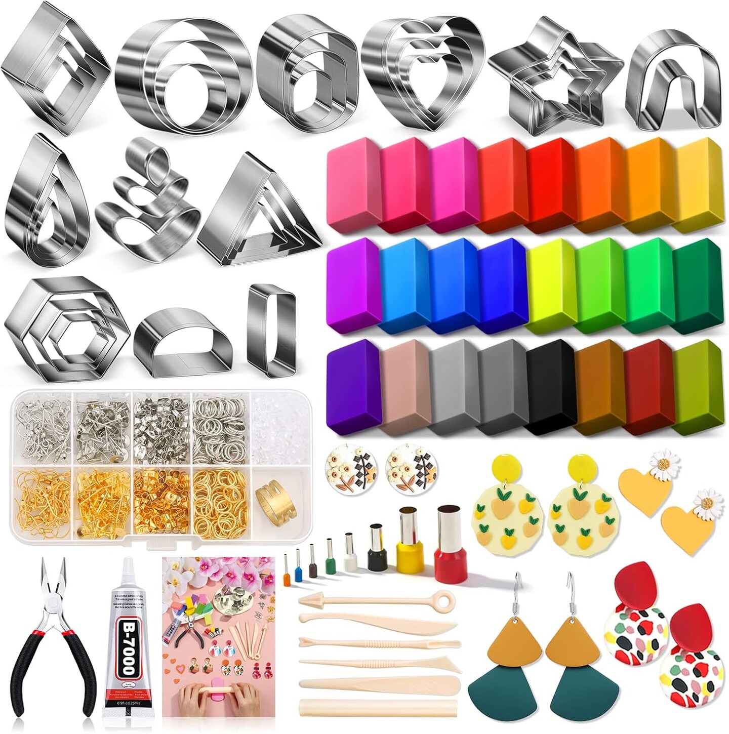 Polymer Clay Earring Making Kit- 30 Clay Earring Cutters, 24 Color Polymer Clay, 8 Circle Cutters, Rollers, B7000 Glue, 640 PCS Earrings Making Tools Accessories for Jewelry DIY (Instructions Include)