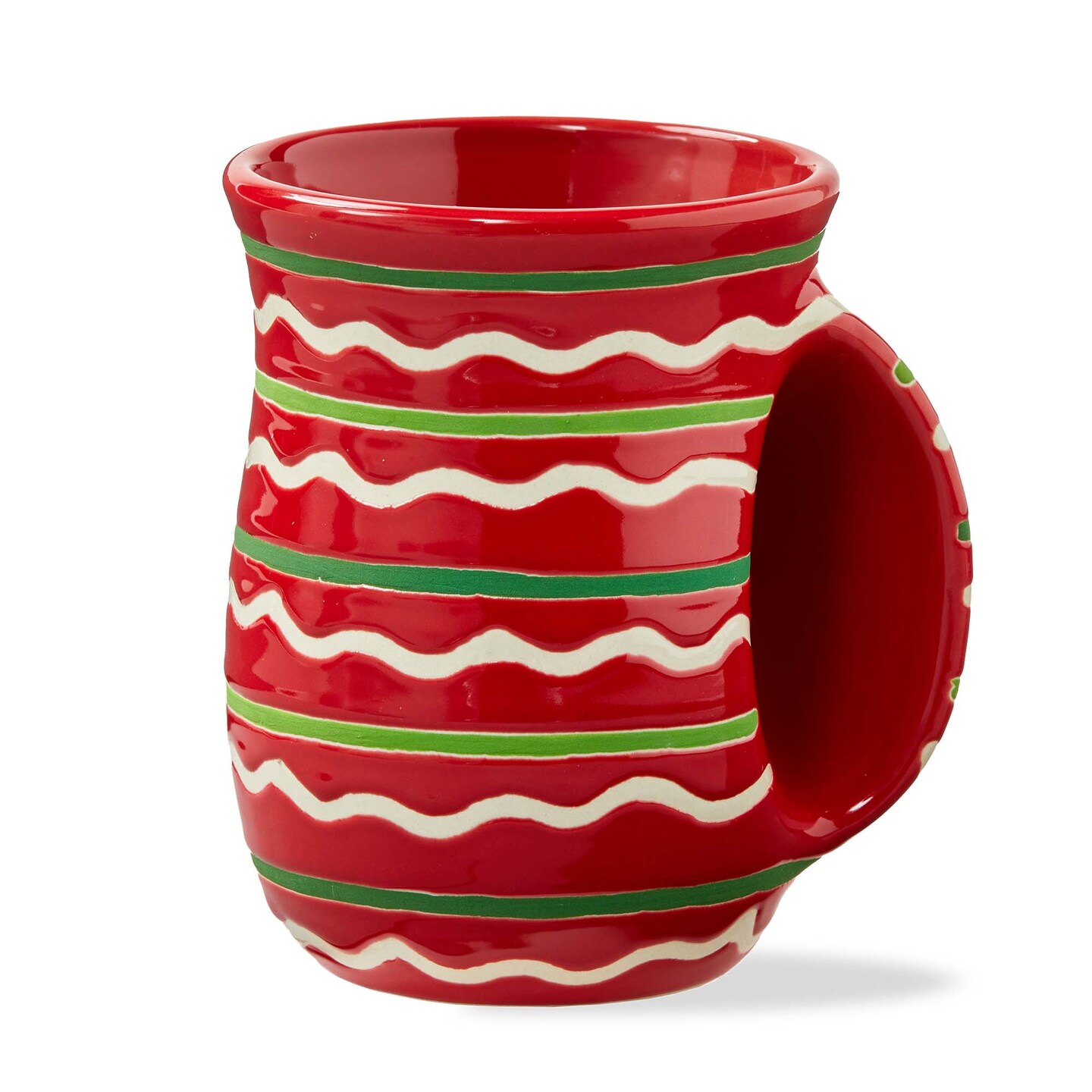 Festive Stripe Handwarmer Mug - Red Multi Ceramic 18oz - Dishwasher Safe - Perfect for Christmas Drinks