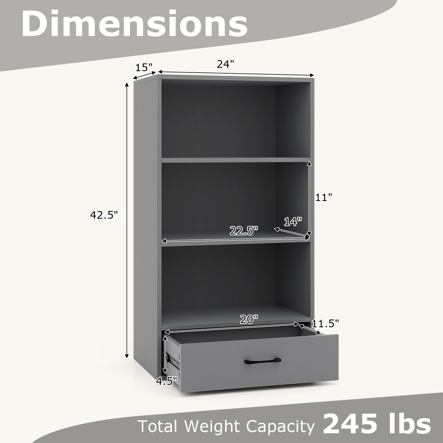 Costway 4-Tier Bookcase 48'' Display Bookshelf Storage Organizer with Shelves & Drawer Grey/White/Natural