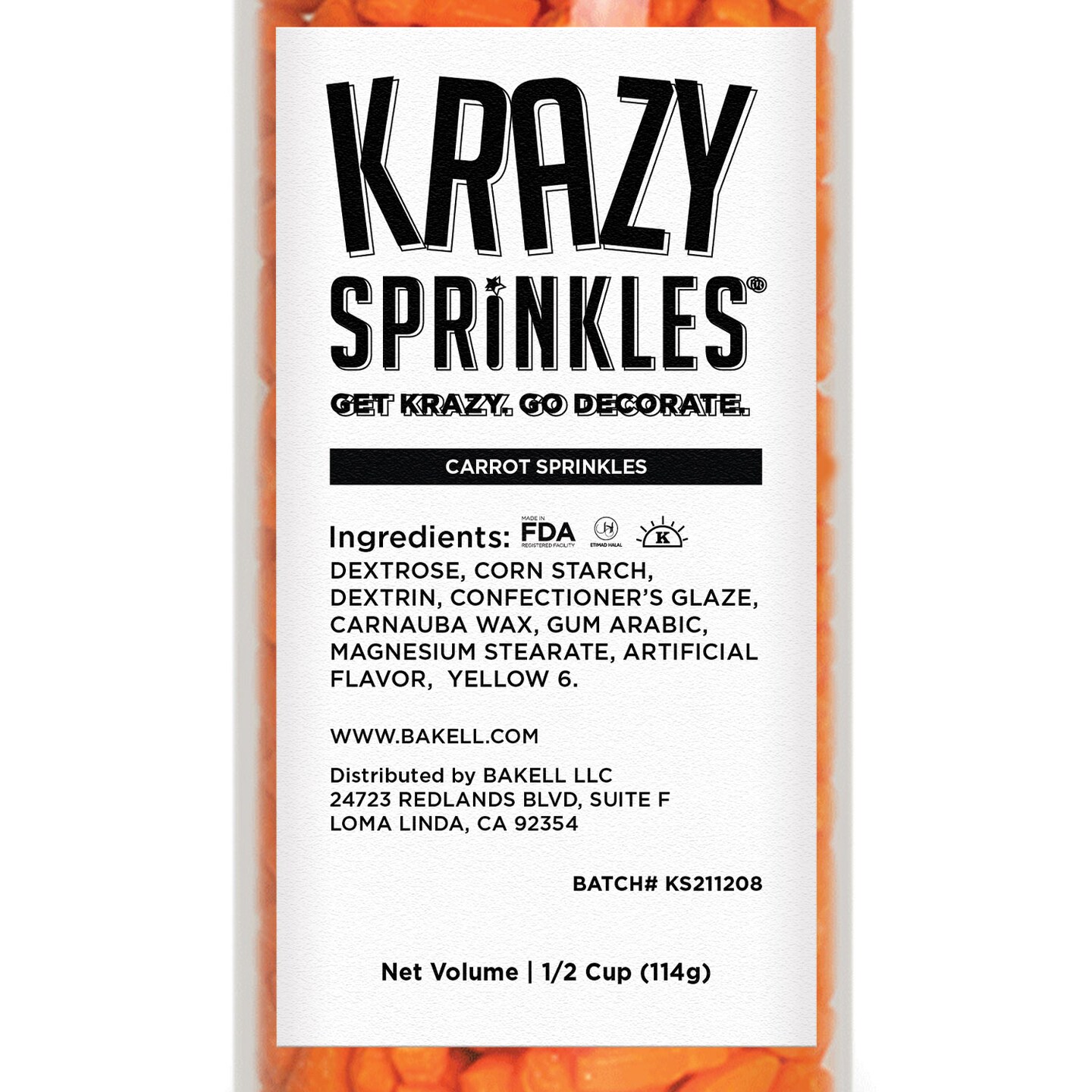 Krazy Sprinkles - Carrots (1/2 Cup, 1x Jar) for Cakes, Ice Cream &#x26; Cookies