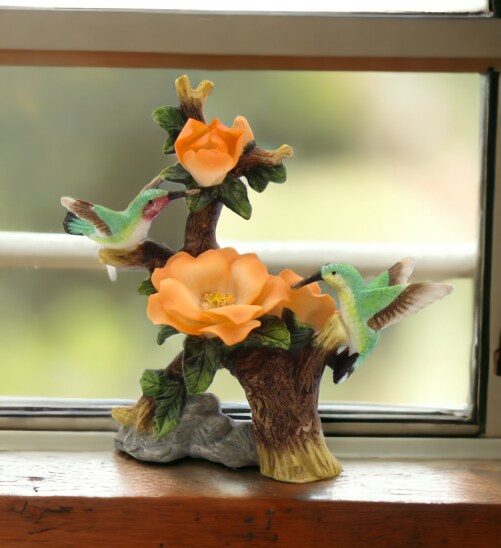Ceramic Hummingbirds with Orange Rose Flower Figurine, Home D&#xE9;cor, Gift for Her, Mom, Kitchen D&#xE9;cor, Birdwatcher Gift, Vintage Decor
