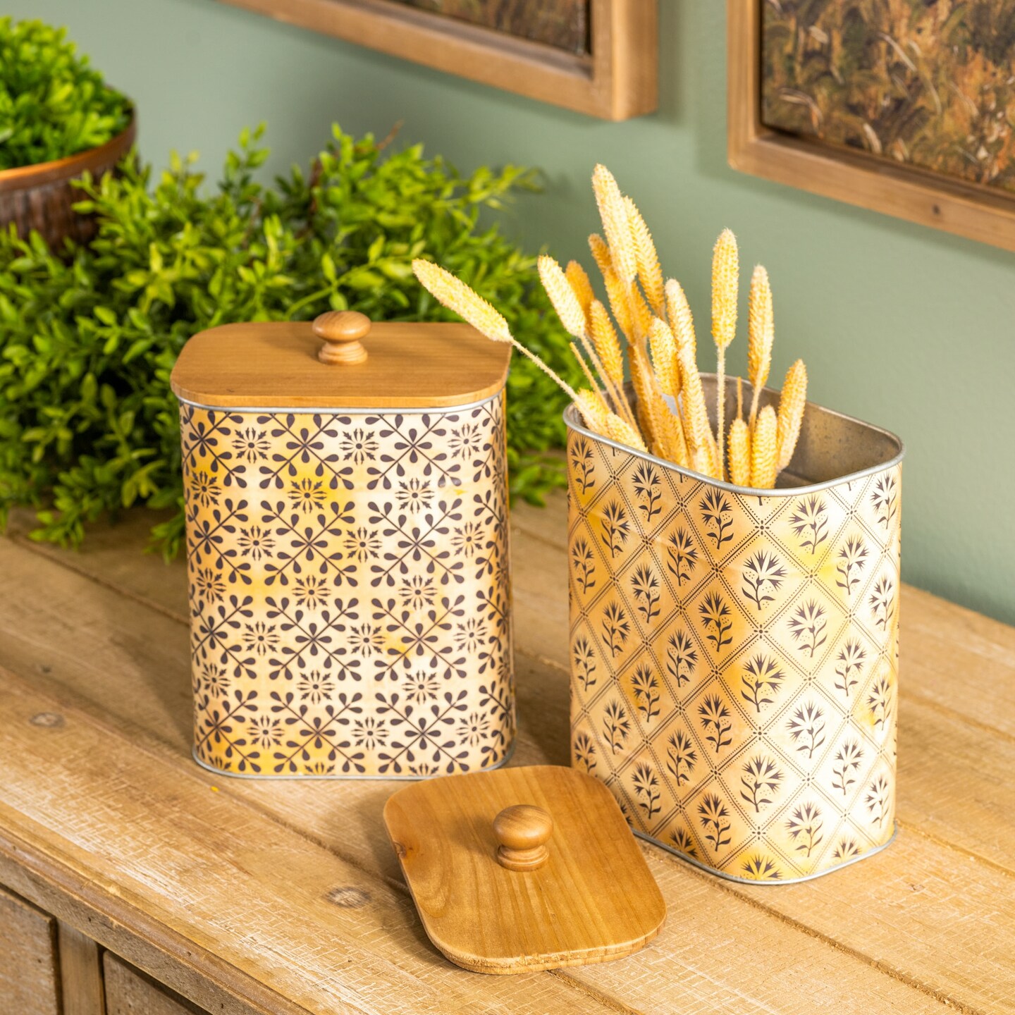 Melrose Geometric Storage Canisters with Wooden Lid - 7.25&#x22; - Set of 2