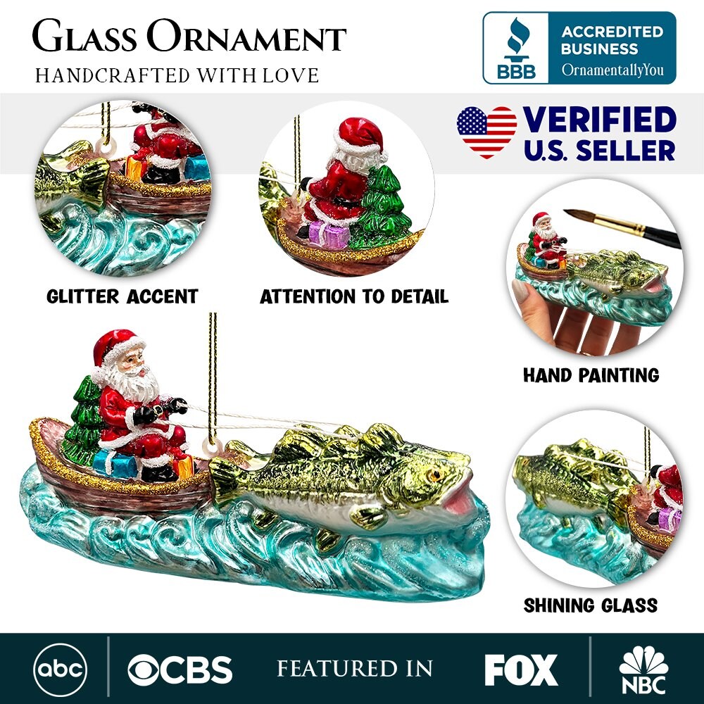 Santa&#x27;s Fishing Adventure Glass Christmas Ornament, Holiday Angler Fish in Sleigh