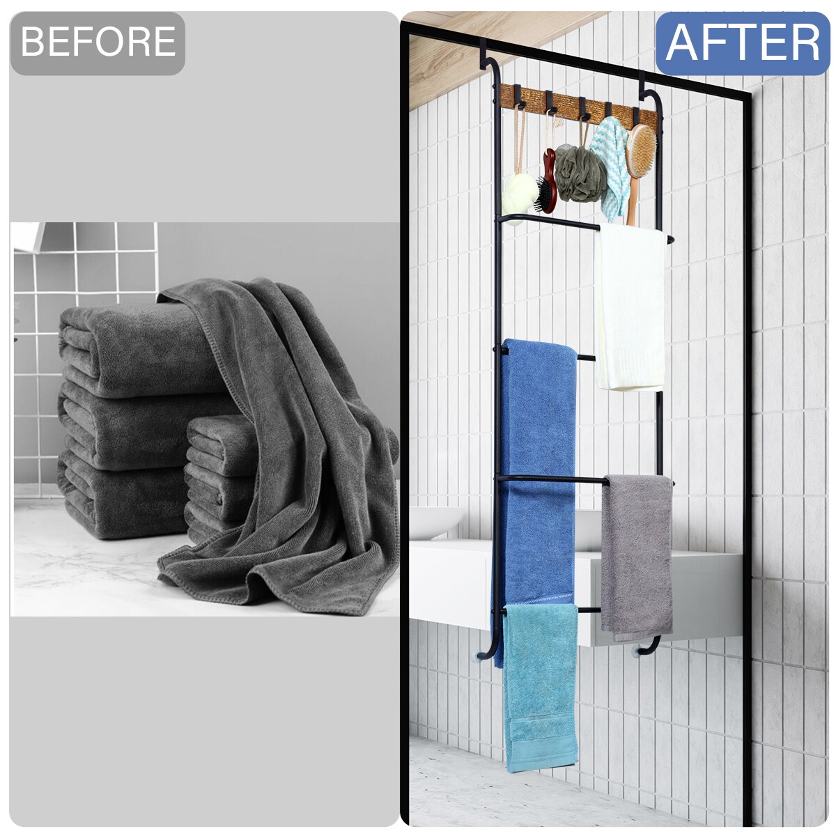 5 Tier Over The Door Towel Rack Bathroom Behind Door Towel Holder with Hooks