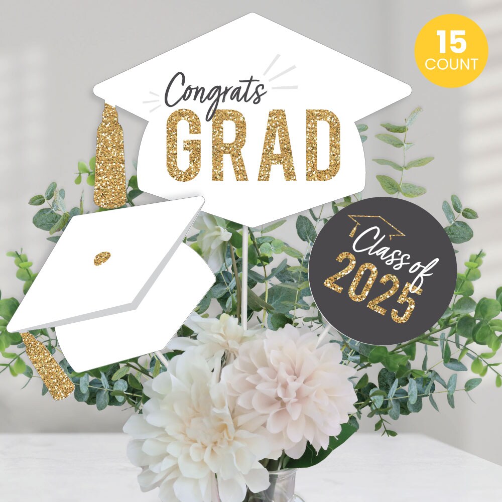 Big Dot of Happiness White and Gold 2025 Graduation Party Centerpiece Sticks, Congrats Grad Decor, Class of 2025 Grad Party Table Toppers - 15 Pieces