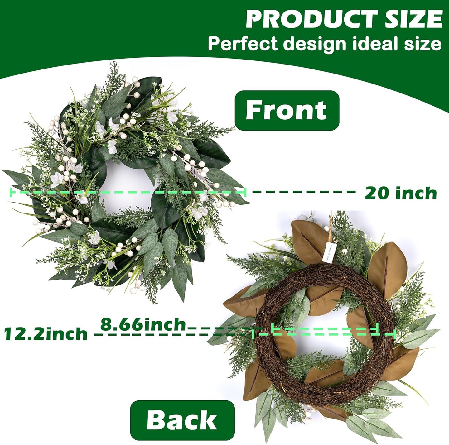 20" Spring Wreath with White Berries & Flowers – Elegant Greenery for Front Door, Home & Wedding Décor