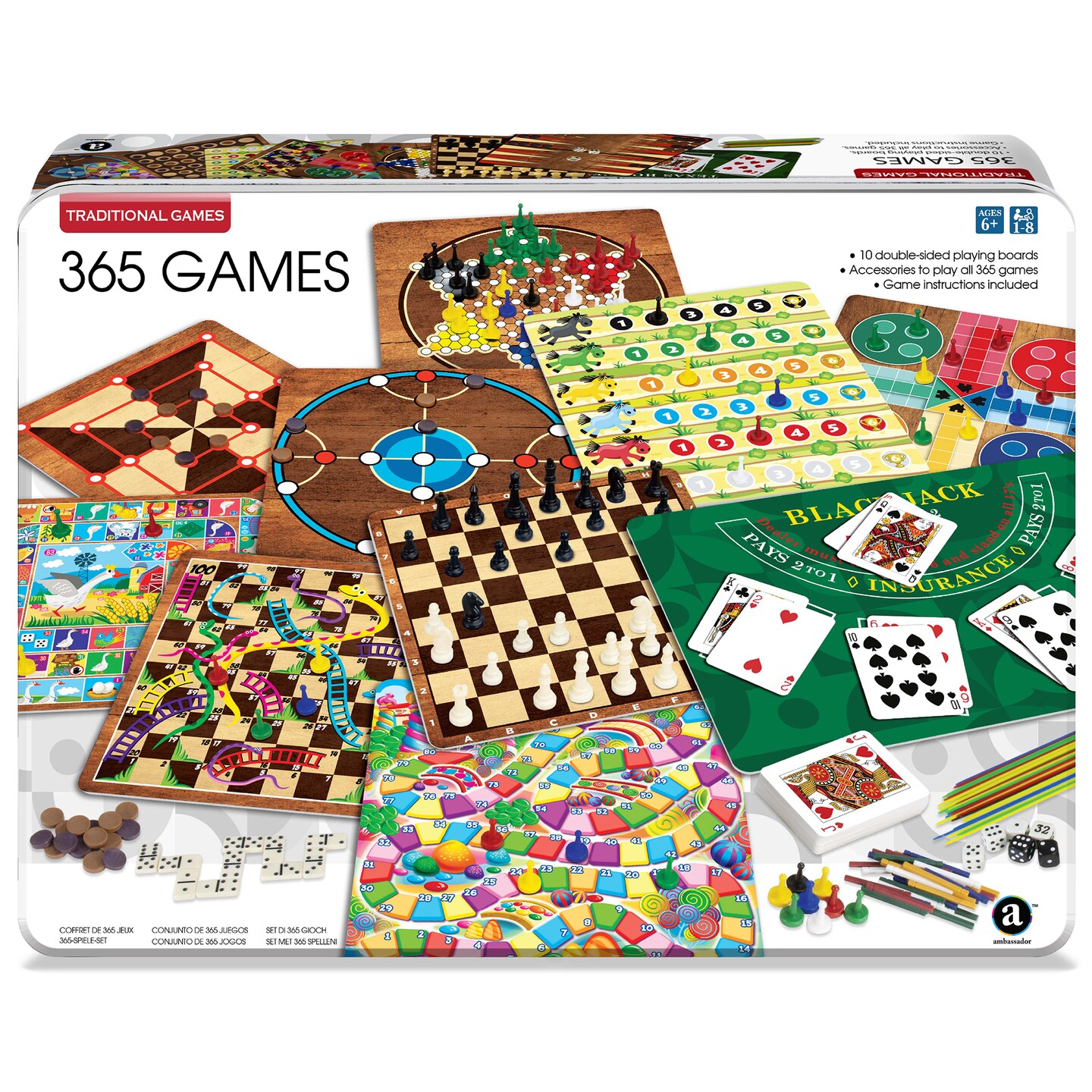 Ambassador Games: 365 Games - Traditional Strategy Board &#x26; Card Games, Tin Storage Container, Game for Each Day Of Year, Family, Ages 6+, 1-8 Players