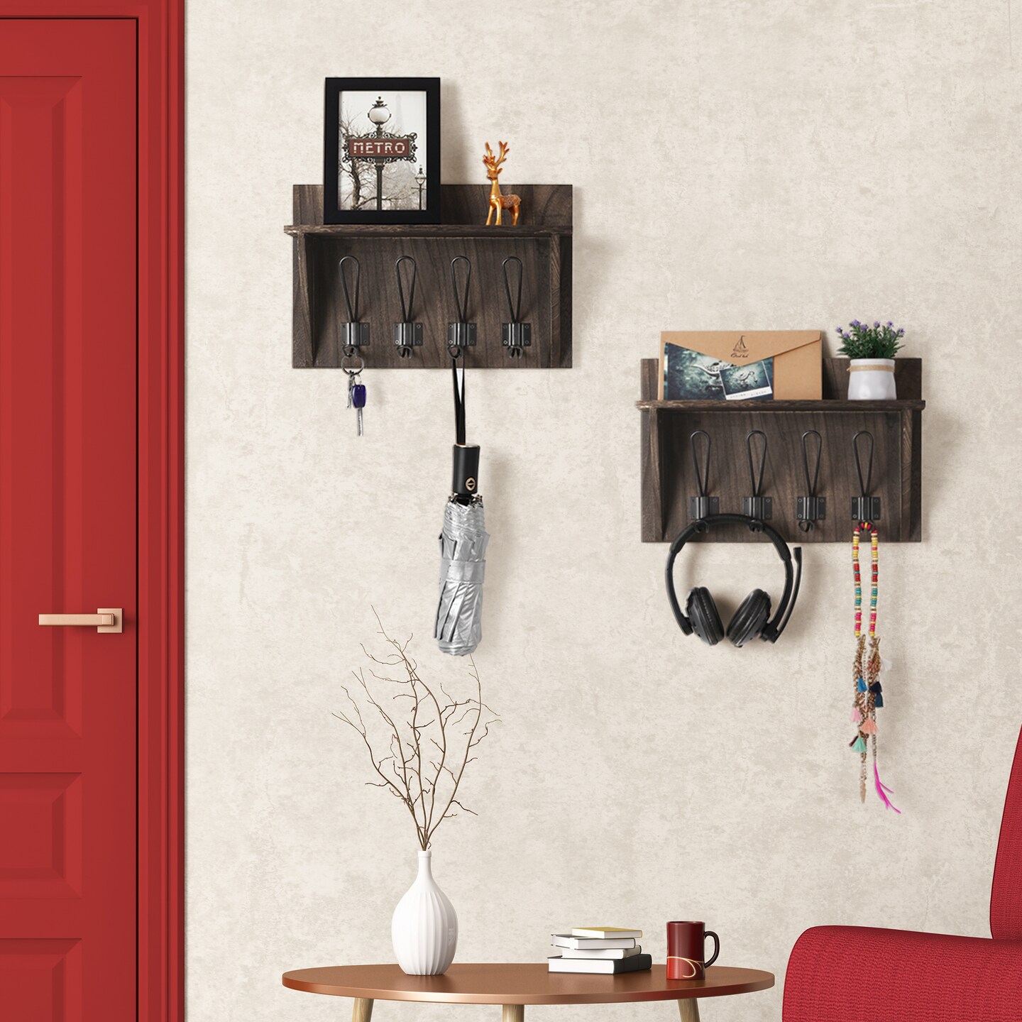 2PCS Wall-Mounted Coat Racks With Hooks Storage Display Shelf Entrance Brown