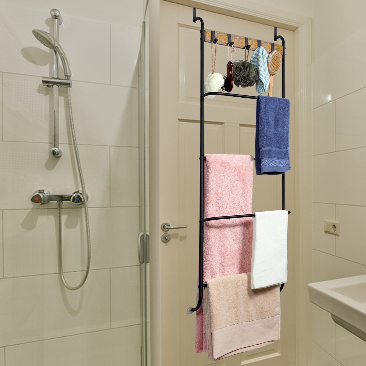 5 Tier Over The Door Towel Rack Bathroom Behind Door Towel Holder with Hooks