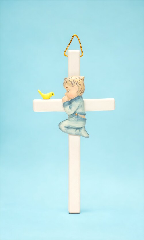Ceramic Praying Boy With Bird Cross Wall Decor, Religious D&#xE9;cor, Religious Gift, Church D&#xE9;cor, Church Gift, Baptism Gift, Nursery Decor