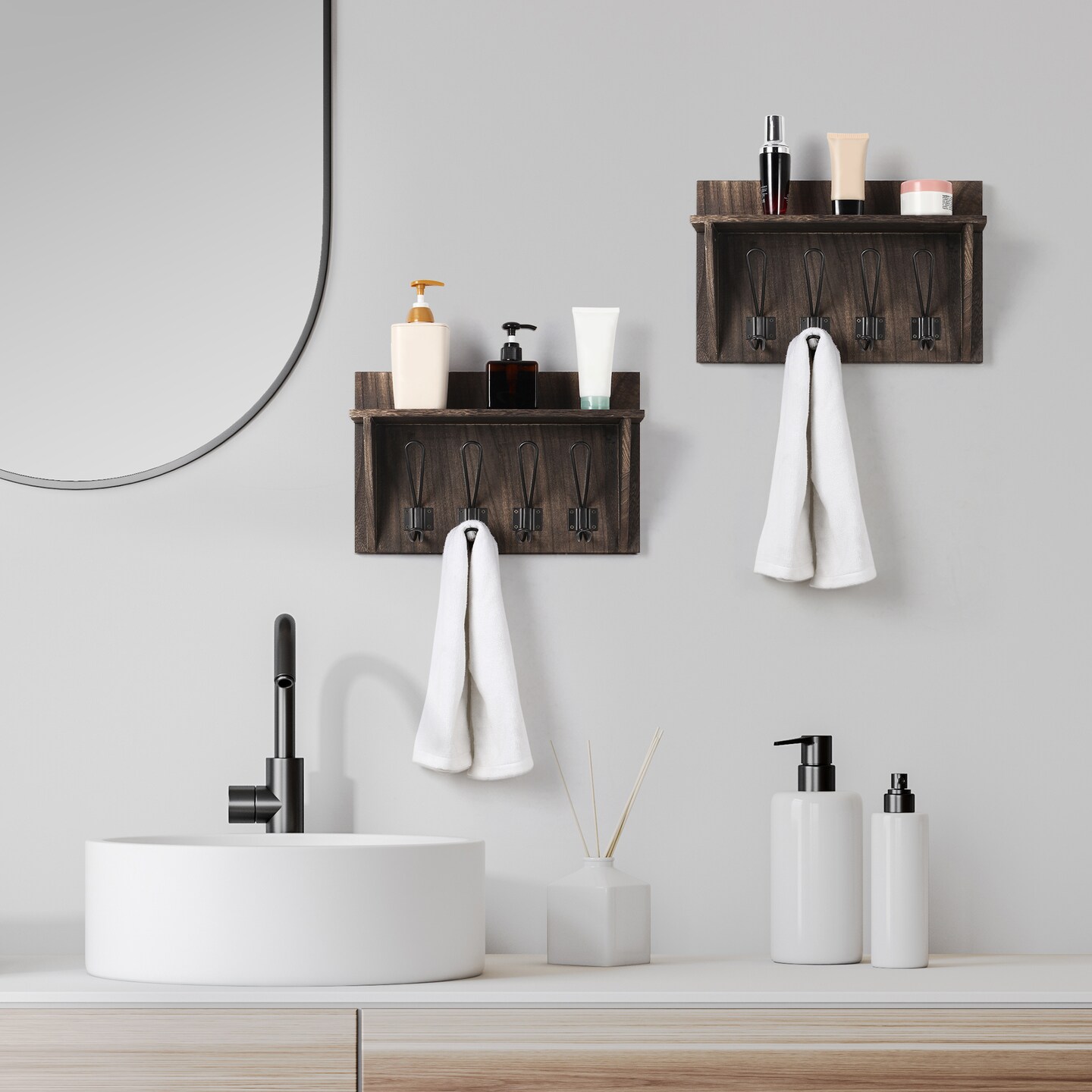 2PCS Wall-Mounted Coat Racks With Hooks Storage Display Shelf Entrance Brown